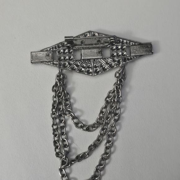 3/$20 Vintage Brooch Silver Tone Blue Rhinestones Drop Chains - Picture 5 of 8